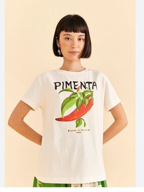 Farm rio Pimenta Graphic Tee - Off-White with Red & Green Print